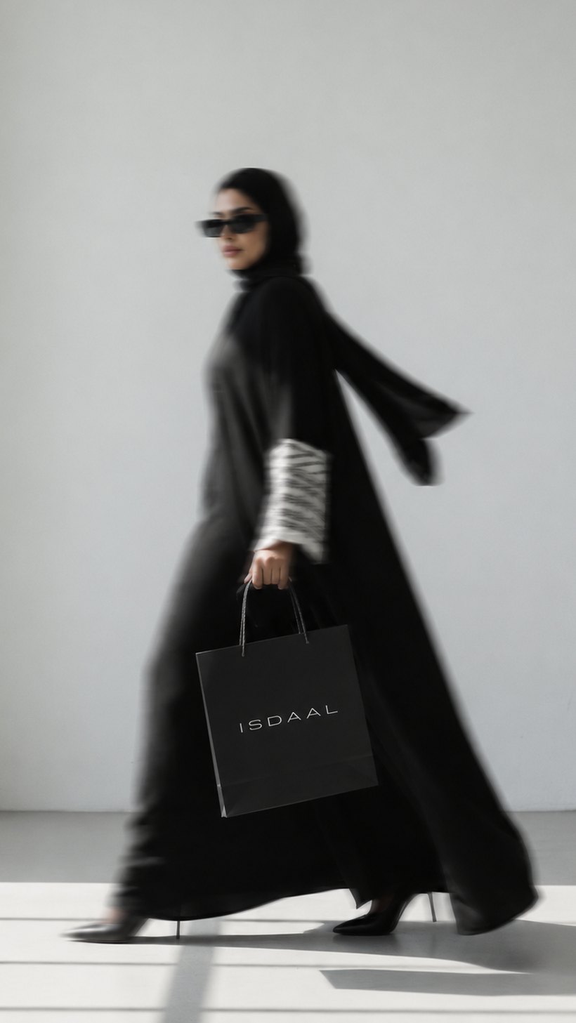 Mannequin portant une abaya ISDAAL noire, sac de la maison à la main